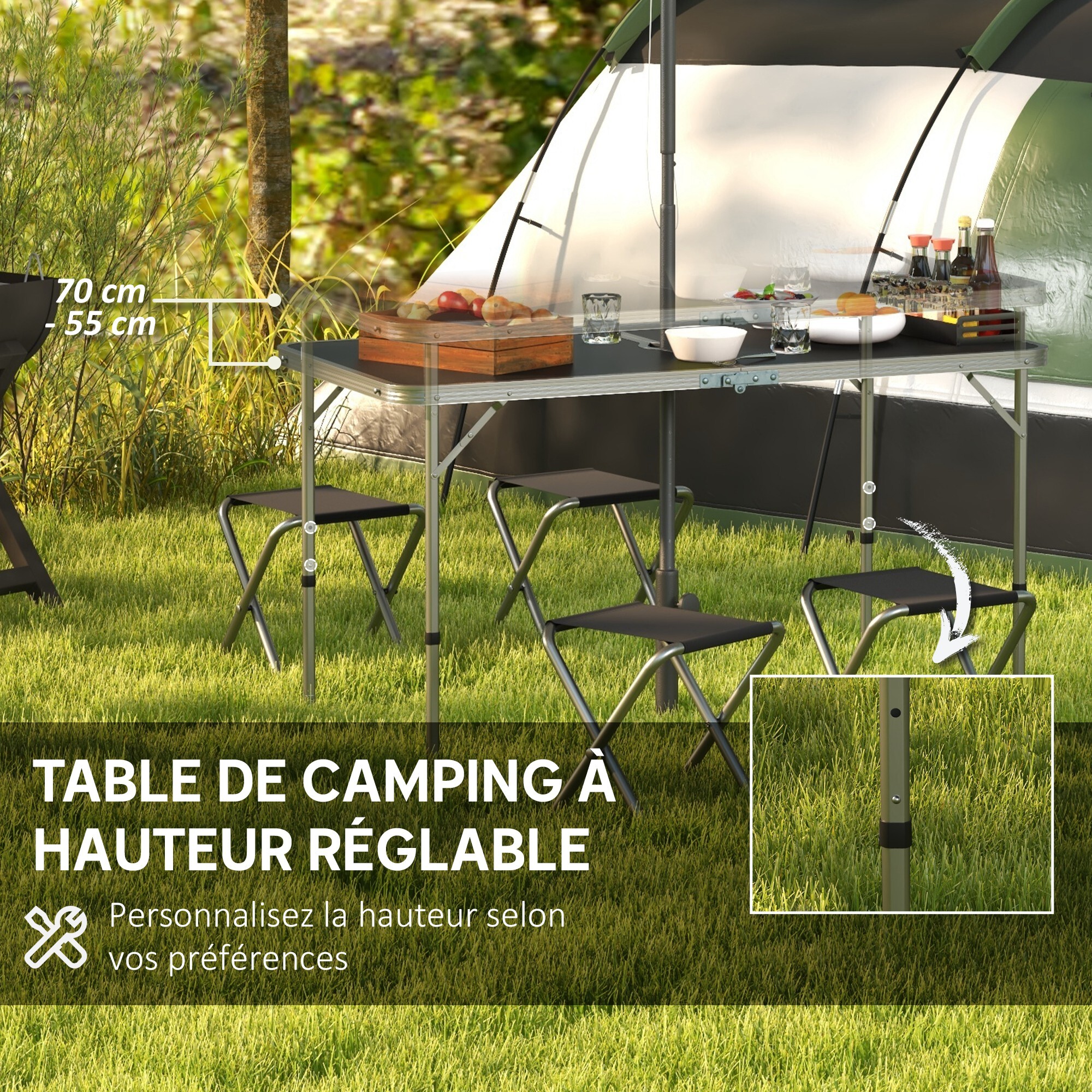 Ensemble table et chaises pliantes de camping - Hauteur table réglable, Trou de parasol - Gris foncé