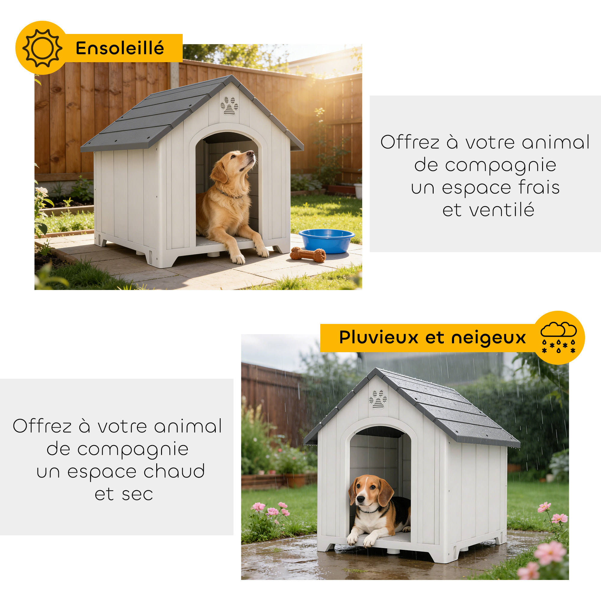 Niche chien plastique effet bois design chalet - 88 x 79 x 89 cm - gris clair gris foncé
