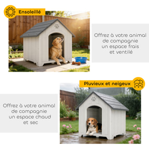 Niche chien plastique effet bois design chalet - 88 x 79 x 89 cm - gris clair gris foncé
