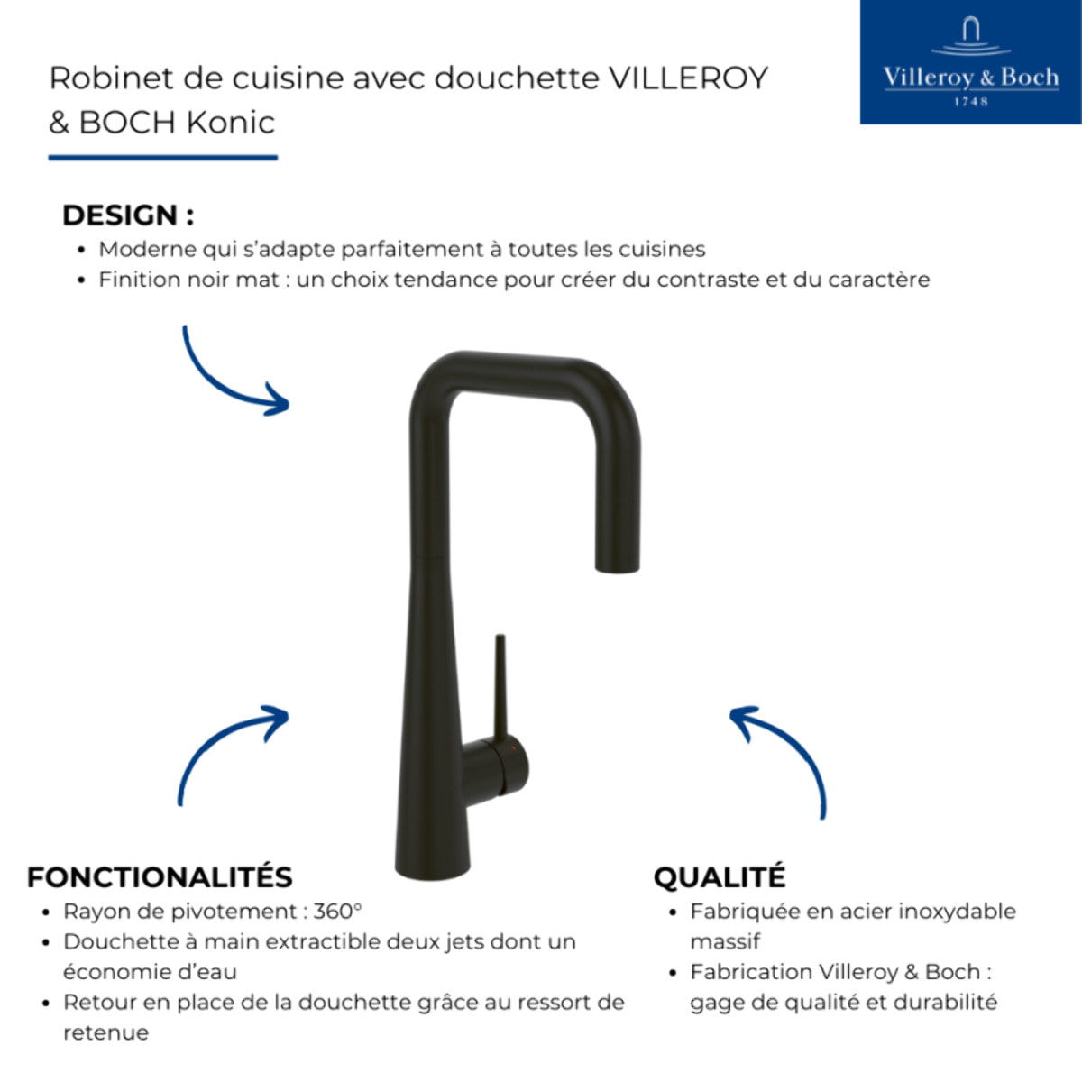 Robinet de cuisine avec douchette VILLEROY & BOCH Konic noir mat