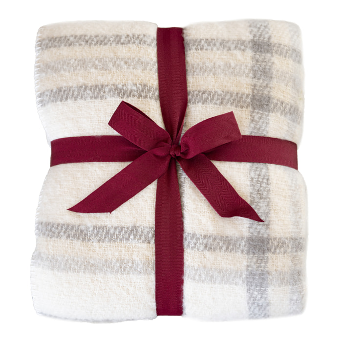 Plaid à carreaux  - Effet mohair avec dos sherpa - Ecru