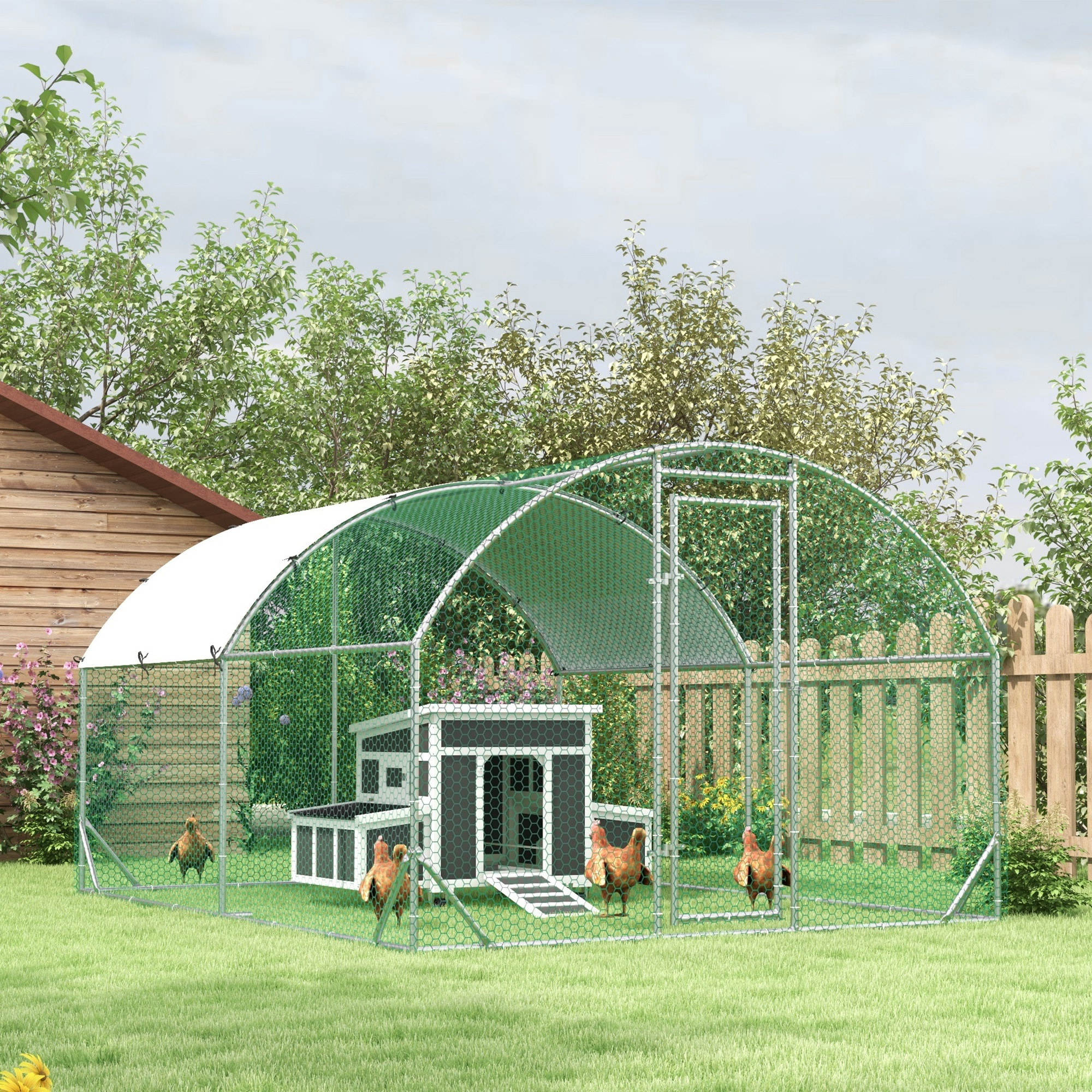 Conjunto de 1 Gallinero de Madera con Ventana Puerta Nido 147x93,5x89,5 cm y 1 Gallinero para Exterior Grande de Acero Galvanizado 280x190x197 cm