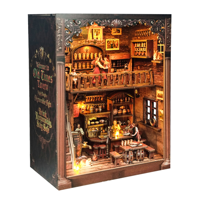 Taverna di un tempo. Book Nook in legno con 247 pezzi, design 3D realistico con grande dettaglio, luci led e copertura antipolvere.