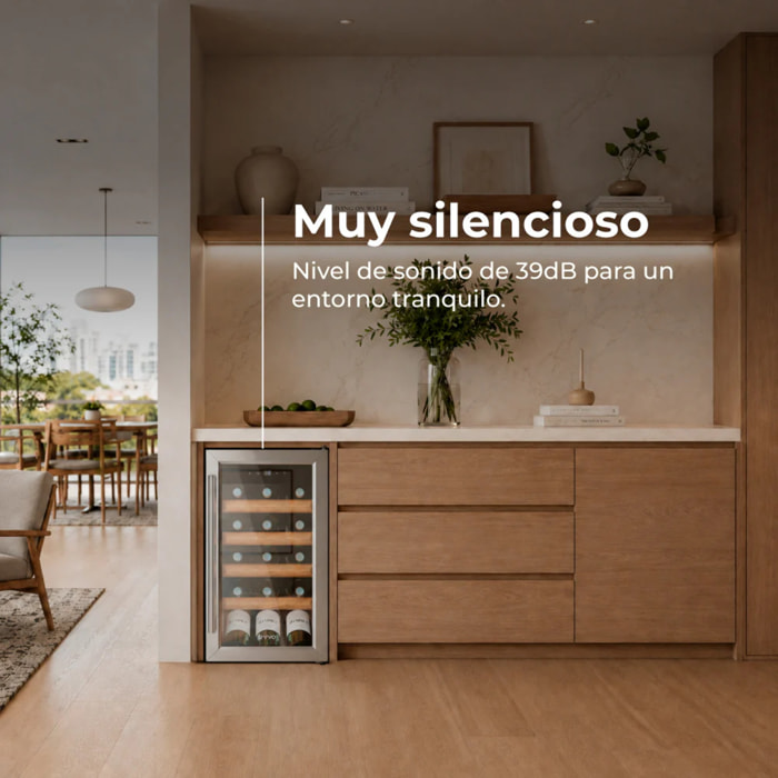 EVVO Vinoteca para 15 botellas VT15 Inox, compresor de alto rendimiento, 5–18ºC regulable, silenciosa 41 dB, panel táctil, luz LED interior
