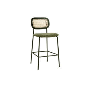 Tabourets design en tissu effet velours texturé vert kaki, métal noir et cannage rotin (lot de 2) MIRANDA