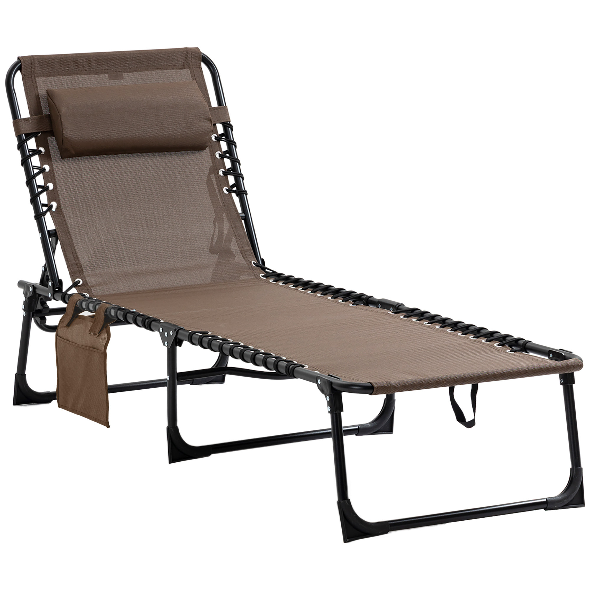 Tumbona Plegable, Tumbona Jardín Exterior Reclinable 5 Posiciones, con Reposacabezas Acolchado, Bolsillo Lateral y Estructura de Acero, para Terraza, Piscina, 189x58x30 cm, Marrón