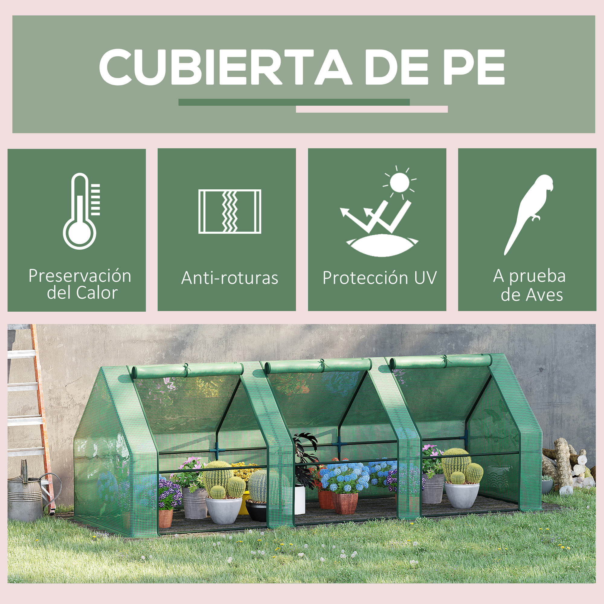 Invernadero de Exterior Invernadero de Jardín 270x90x90 cm Tipo Caseta con 3 Ventanas Marco de Acero y Cubierta de PE 140g/Ã£Å½Â¡ para Cultivo Plantas Flores Tomates Verde