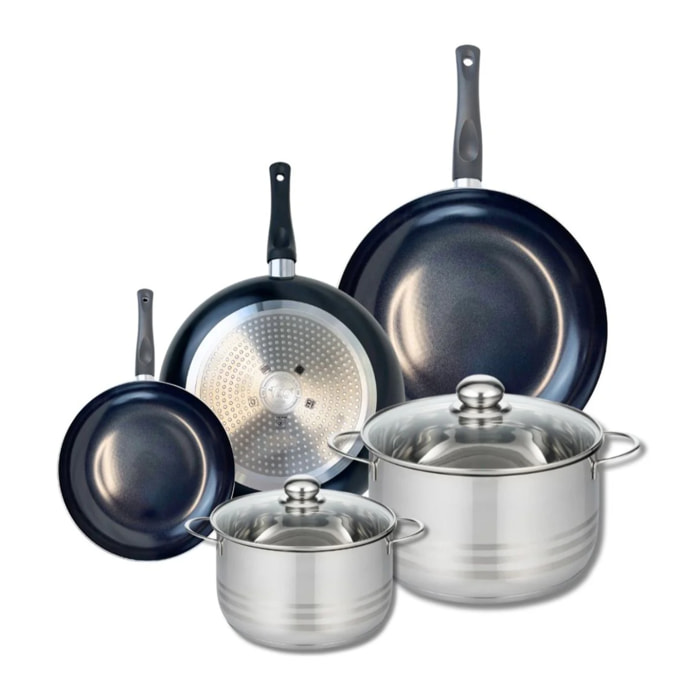 Ensemble de 3 Poêles de cuisson 20, 28 et 32 cm et 2 faitouts 20 et 24 cm Elo Prima Brillant