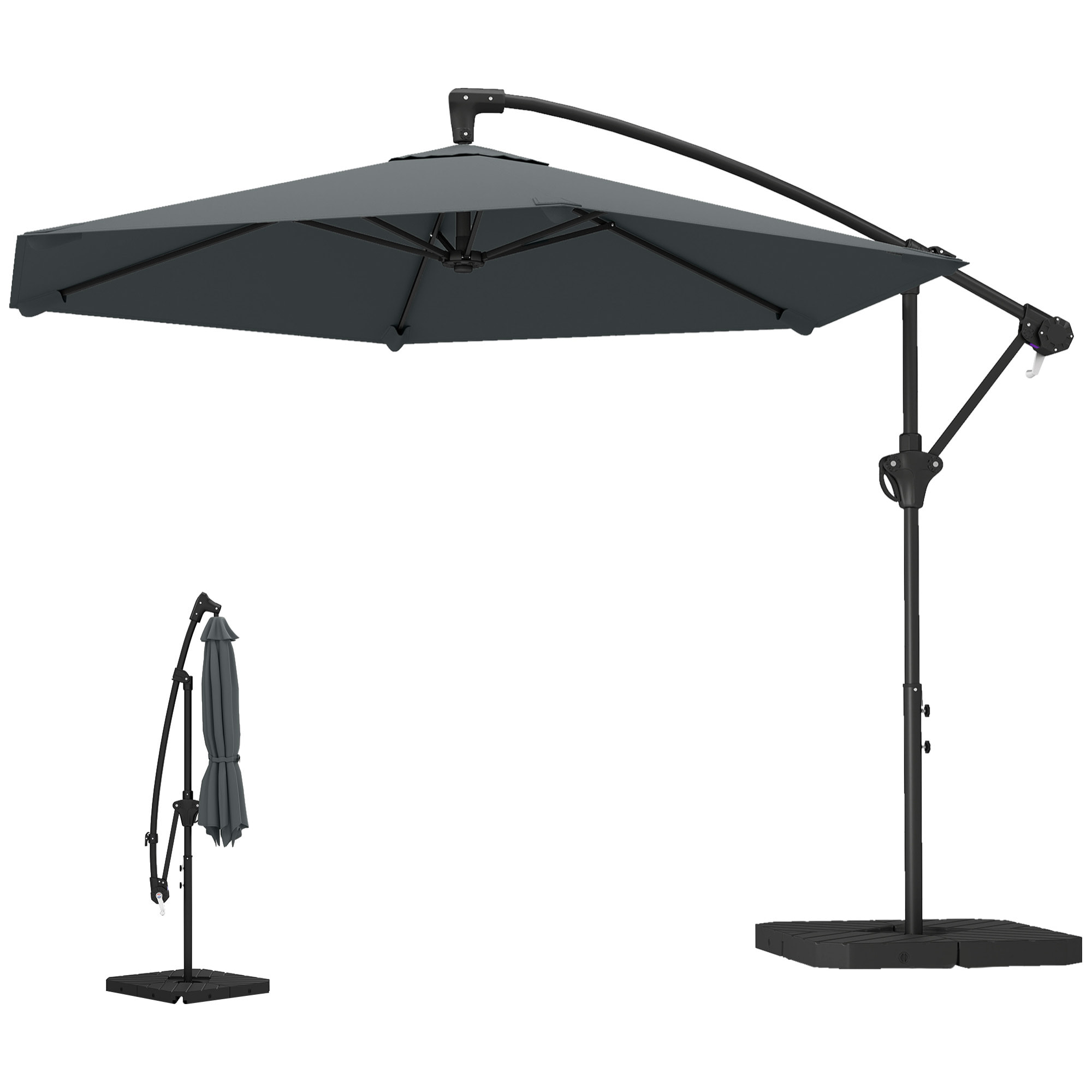 Parasol déporté 3 m avec pied en croix et dalles lestage, parasol de jardin extérieur avec manivelle et loquet de verrouillage, toile polyester 180 g/m², protection UV 30+, gris foncé