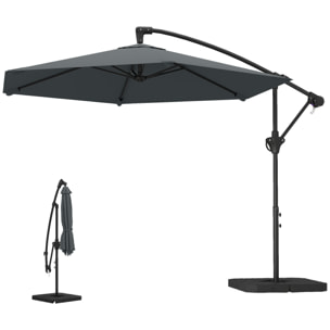 Parasol déporté 3 m avec pied en croix et dalles lestage, parasol de jardin extérieur avec manivelle et loquet de verrouillage, toile polyester 180 g/m², protection UV 30+, gris foncé