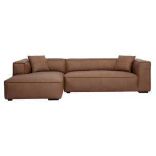 Canapé d'angle gauche vintage 4-5 places en cuir marron et bois noir COBAIN