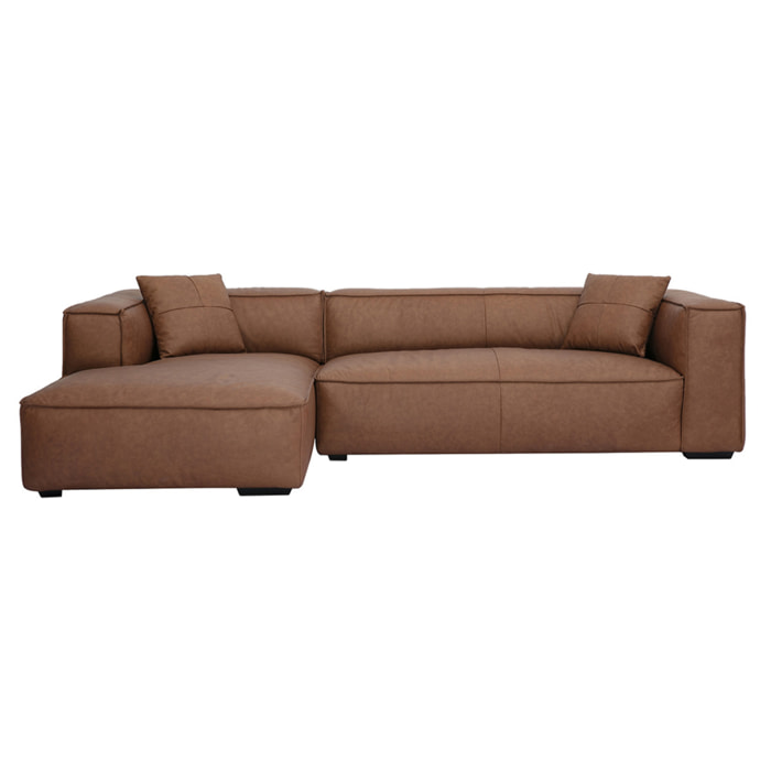 Canapé d'angle gauche vintage 4-5 places en cuir marron et bois noir COBAIN