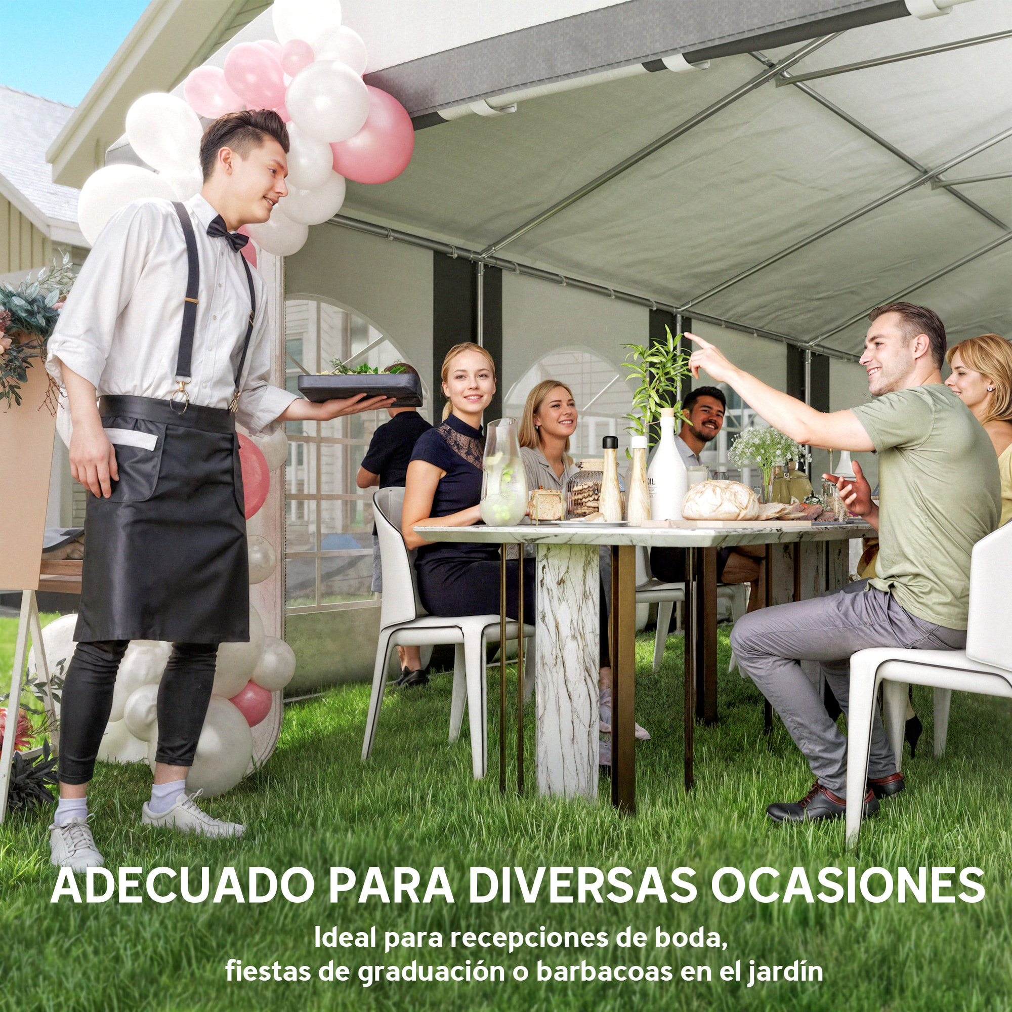 Carpa para Fiesta 4x8 m, Carpa de Jardín con Paredes Laterales Extraíbles, Puertas y Ventanas, Impermeable, Anti-UV, Cenador Gazabo para Boda, Camping, Eventos, Exterior, Gris y Blanco