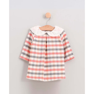 Vestido cuello bordado cuadros gris y rojo