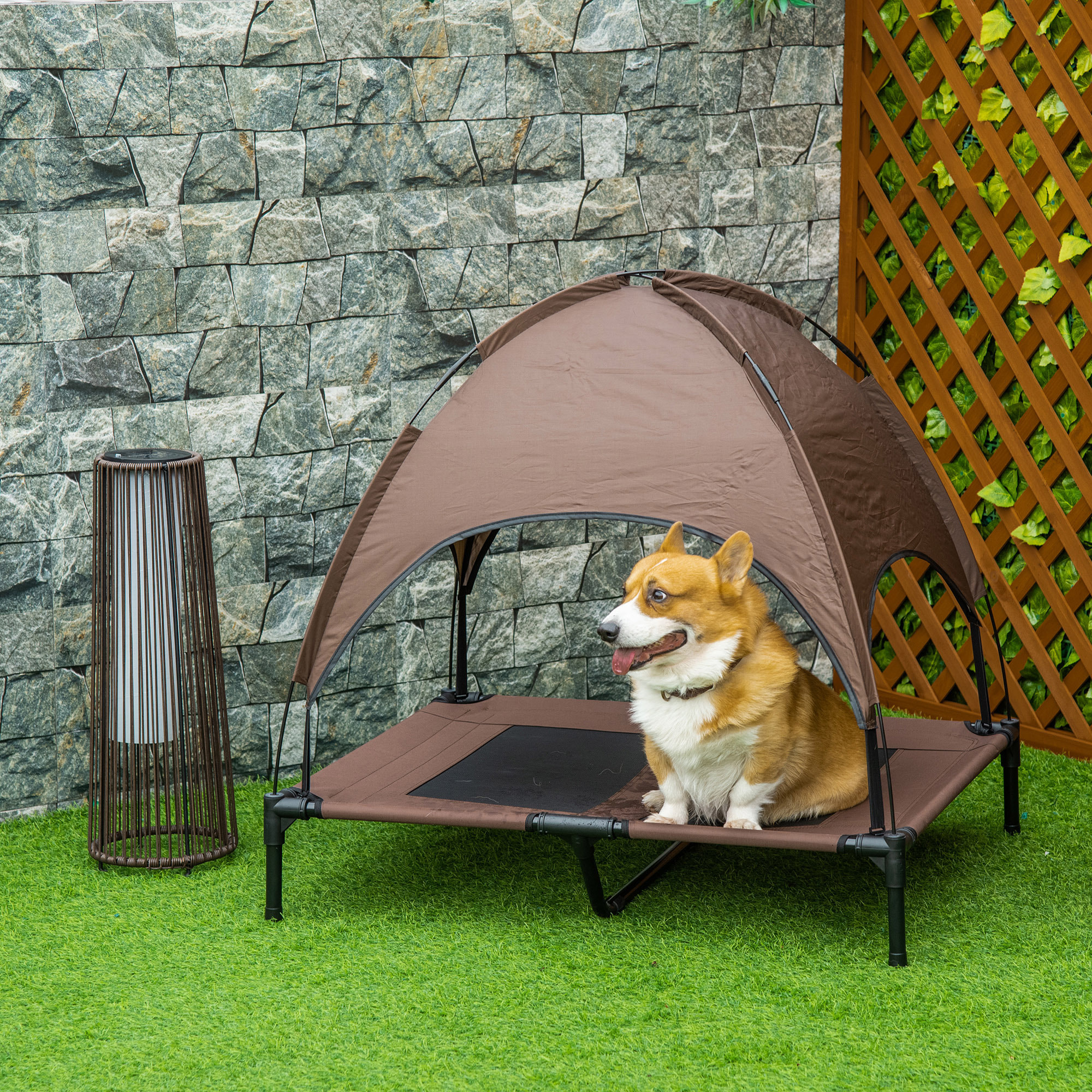 Cama Elevada para Mascotas Portátil con Toldo Extraíble Tela Transpirable al Aire Libre para Interior y Exterior 92x76x90 cm Café