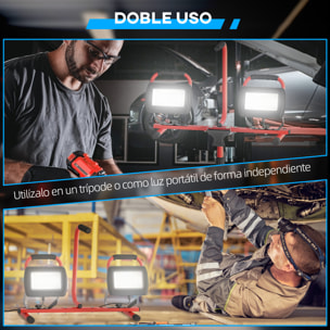 Foco LED Doble Recargable de Aluminio con Trípode Plegable 8500 Lúmenes IP65 6500K y Cabezas Ajustables para Trabajo Interior y Exterior Rojo y Negro