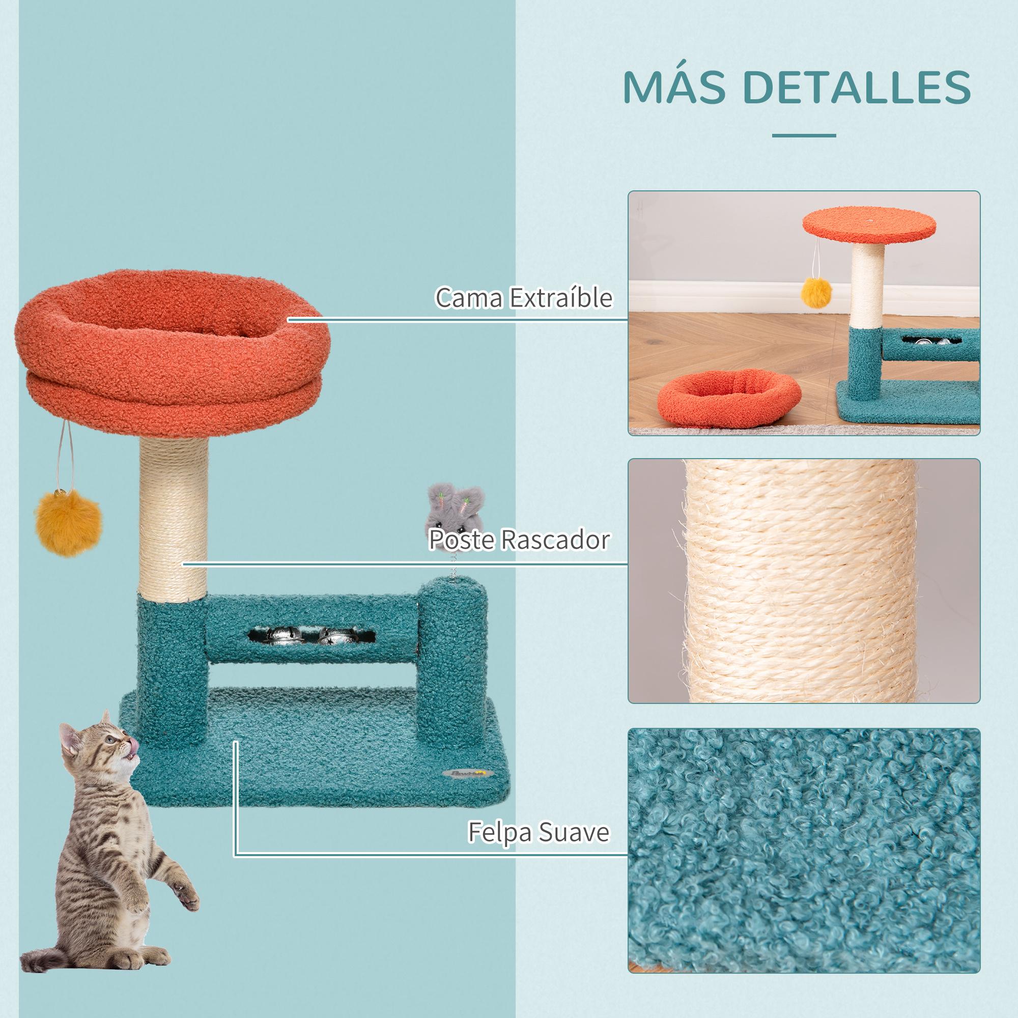 Rascador para Gatos con Cama Extraíble Cascabeles Poste Rascador Sisal Juguetes