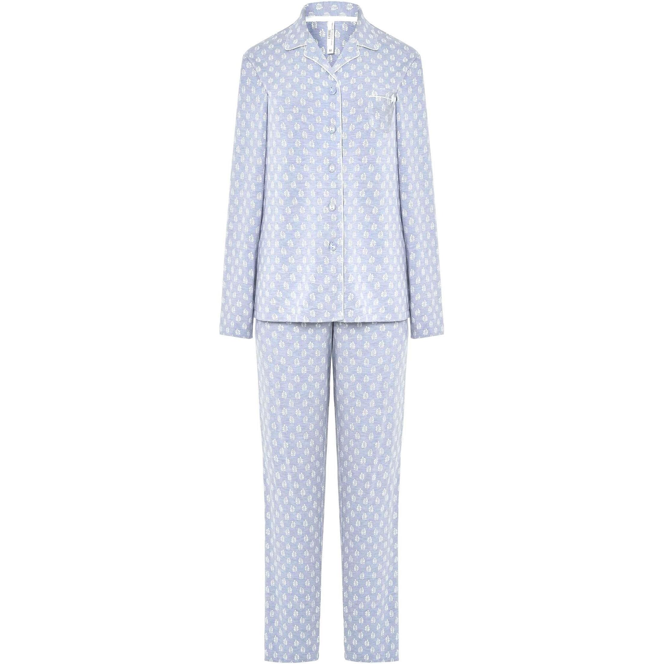 Pijama mujer estampado de hojas con abierto con botones, clásico cuello de solapa con vivo, cómoda manga larga y pantalón largo
