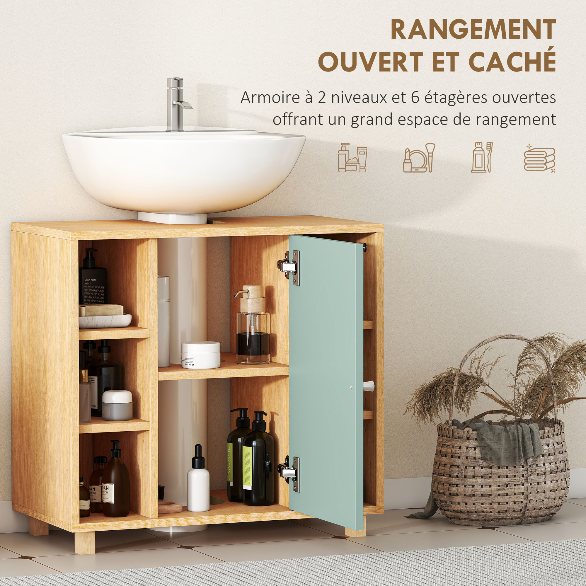 Meuble sous vasque 6 niches porte étagère dim. 60 x 33 x 57 cm effet bois clair vert d'eau