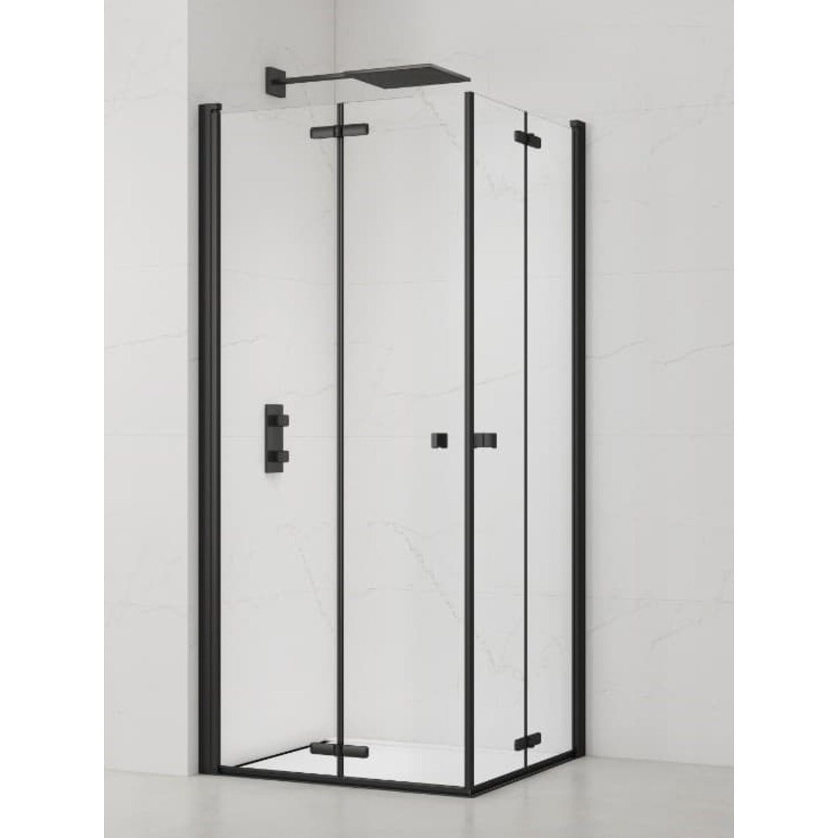 SAT SK  Porte de douche acces en angle pliantes 100x100cm  anticalcaire avec profilés noir mat (SATSK100100C)