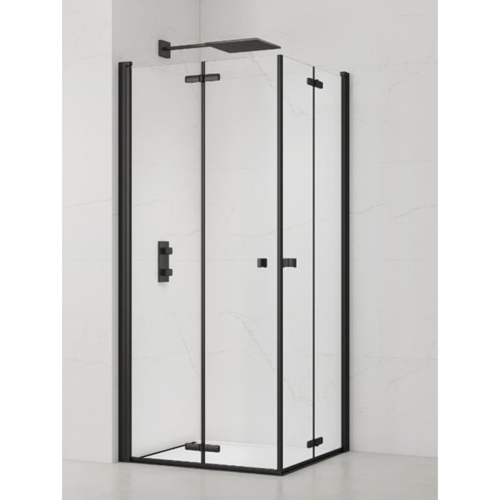 SAT SK  Porte de douche acces en angle pliantes 100x100cm  anticalcaire avec profilés noir mat (SATSK100100C)
