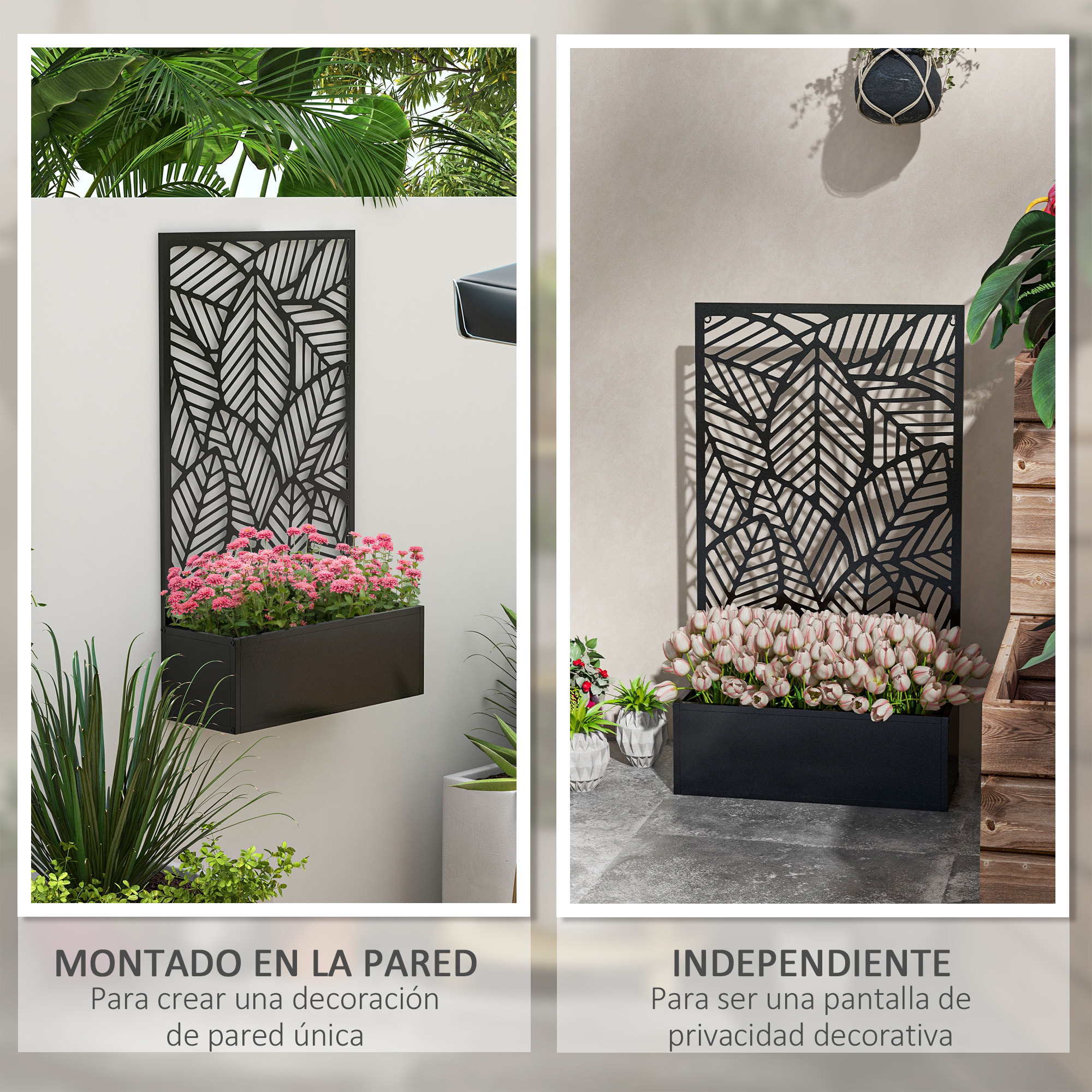 Outsunny Jardinera con Biombo de Metal Huerto Urbano de Pared o de Pie para Cultivos Plantas Flores o Decoración en Terraza Jardín Hogar 61x23x113 cm Negro