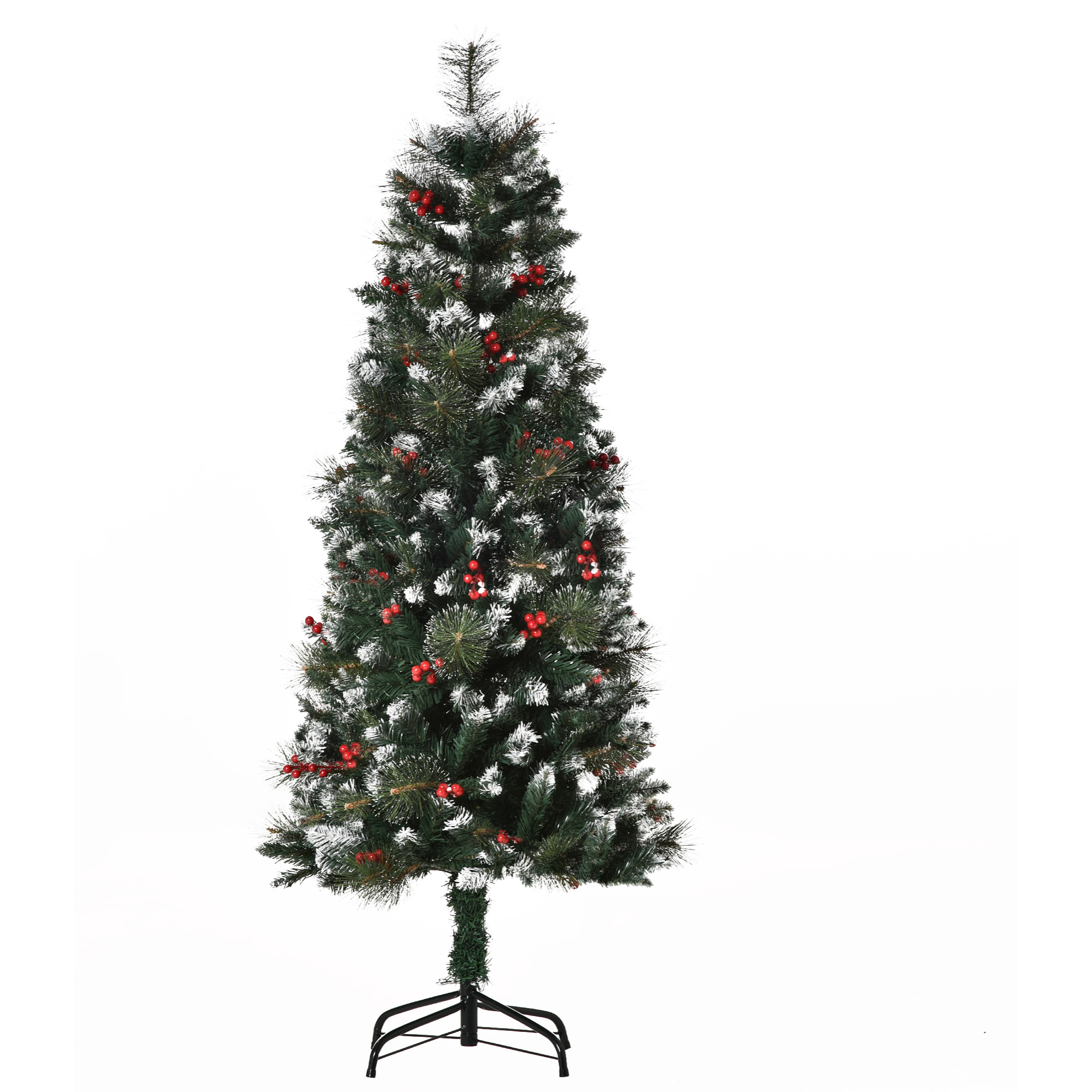 Árbol de Navidad Artificial con Nieve 150 cm Ignífugo con 360 Ramas 38 Bayas Base Plegable y Soporte Metálico Decoración Navideña para Interiores Verde