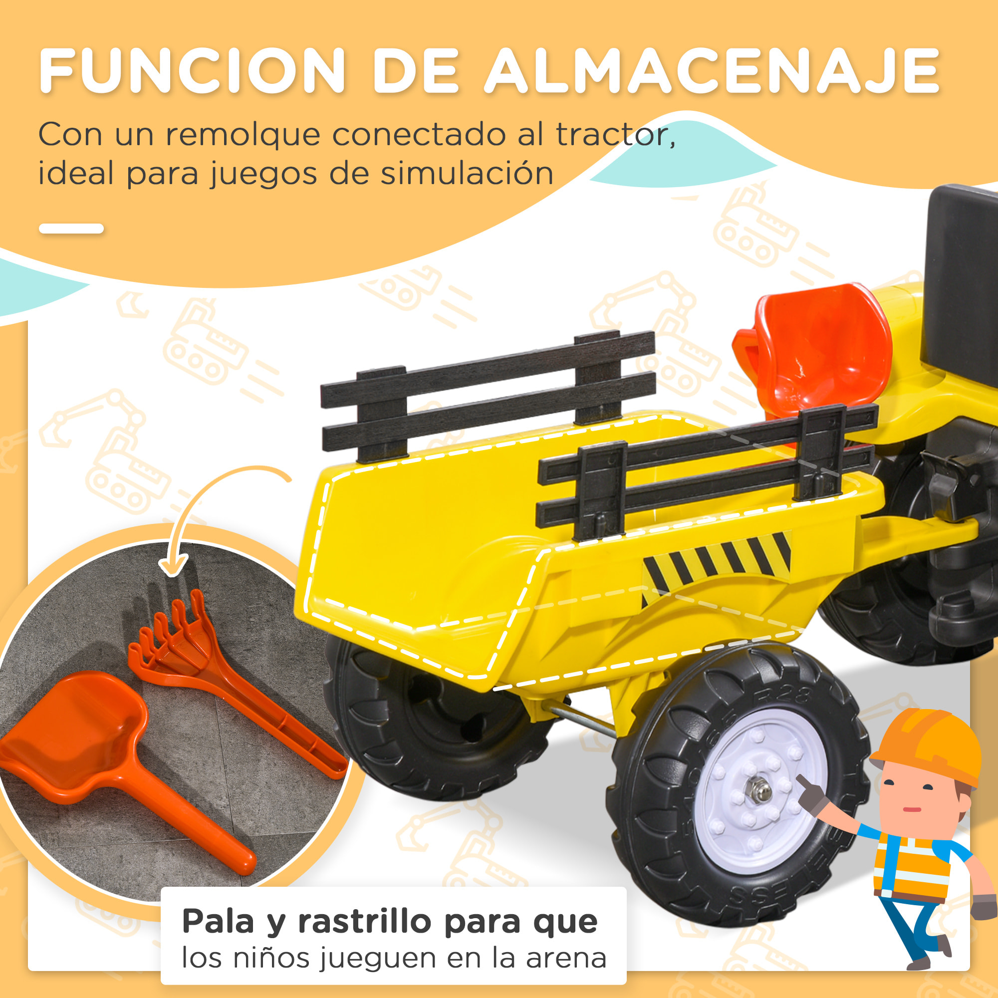 Tractor a Pedales para Niños de 3 Años con Remolque Juguete de Montar Coche de Pedales Carga 35 kg 133x42x51 cm Amarillo