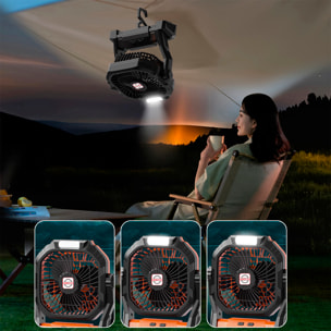 Ventilatore P50 con motore senza spazzole, LED con 8 luci, 4 velocità, 3 livelli di luce. Angolo regolabile di 180º, gancio per appendere e powerbank di 7800 mAh.