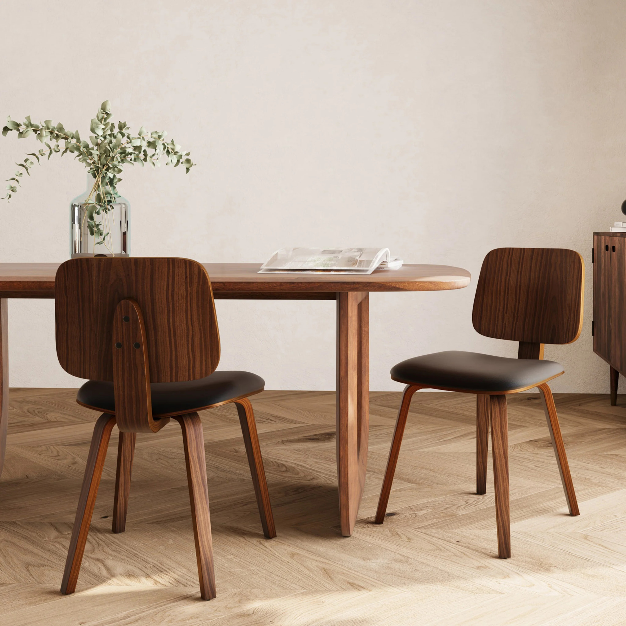 Lot de 2 chaises en bois plaqué noyer et PU noir - Flow