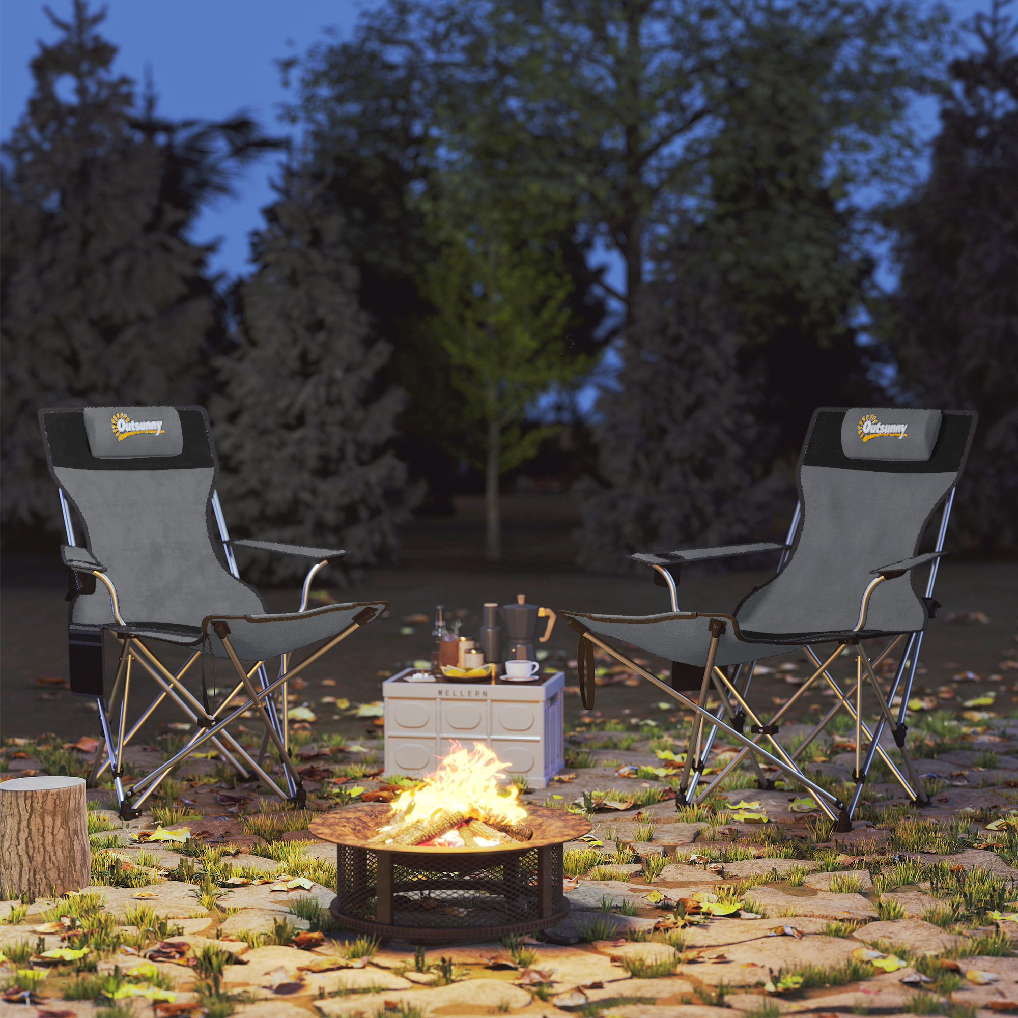 Lot de 2 chaises de camping pliantes - repose-pied amovible, rangements - sac transport - gris