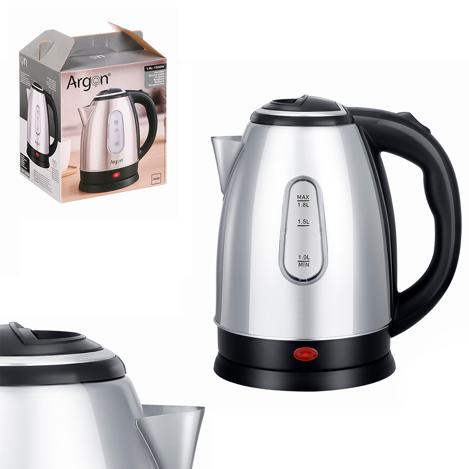 Hervidor de acero inoxidable con 1500W y 1,8L de capacidad.