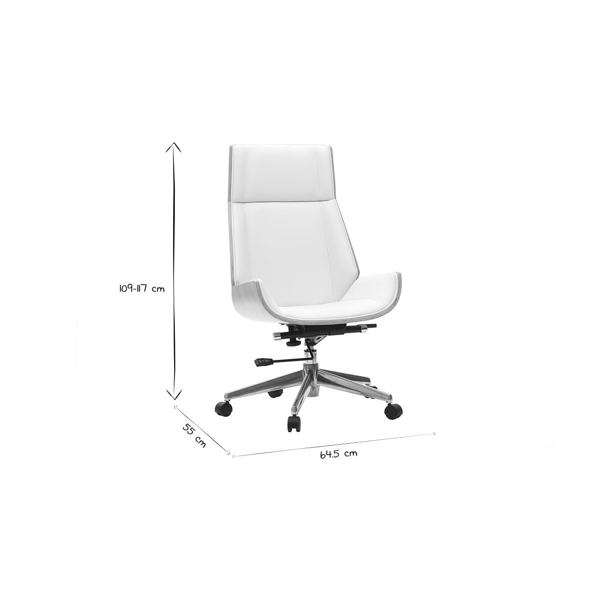 Fauteuil de bureau de direction design blanc, bois clair et acier chromé CURVED