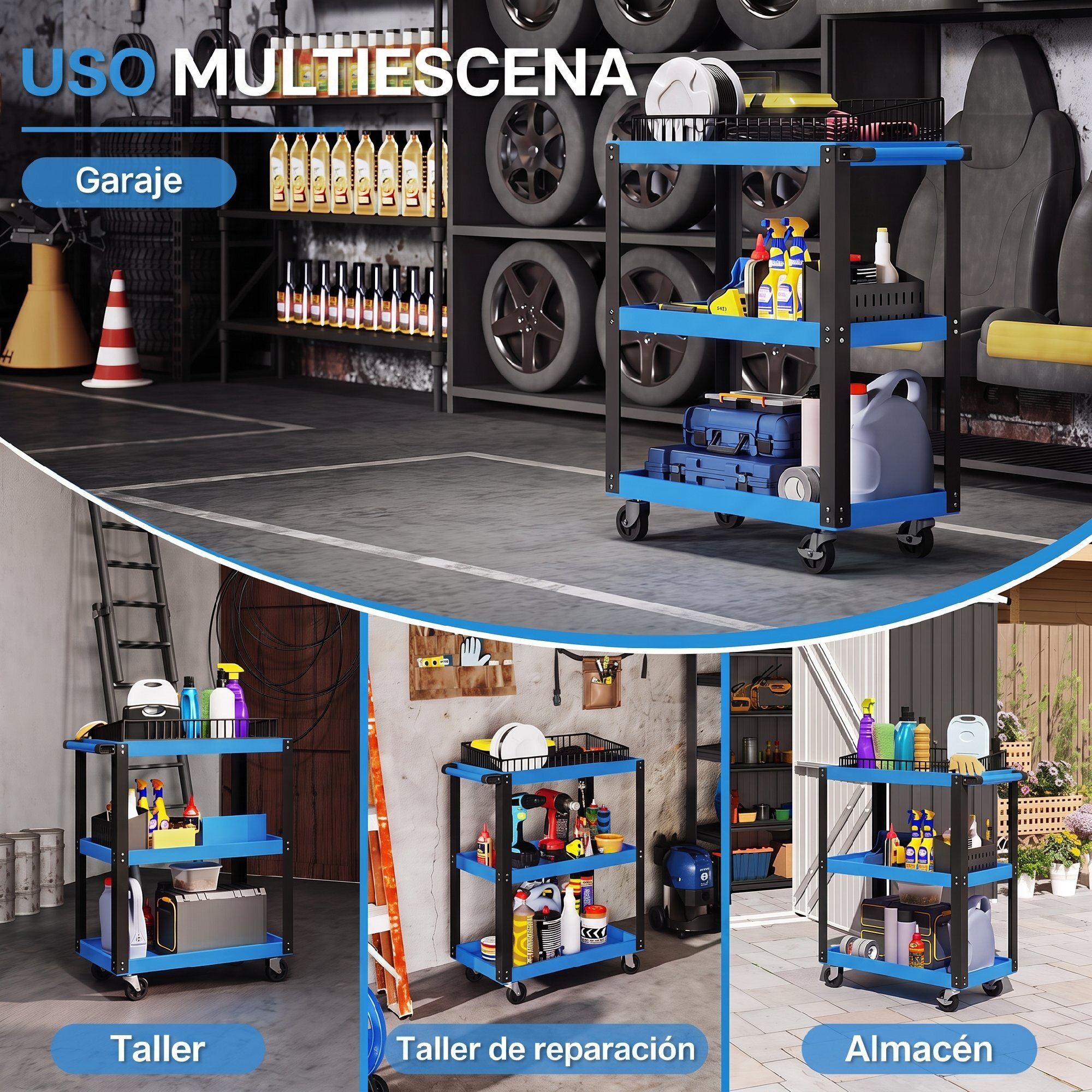 HOMCOM Carro de Taller, Carro de Herramientas con 3 Estantes, Ruedas con Frenos y Asa Lateral, para Garaje Mecánico, Hogar, Carga 120 kg, Azul
