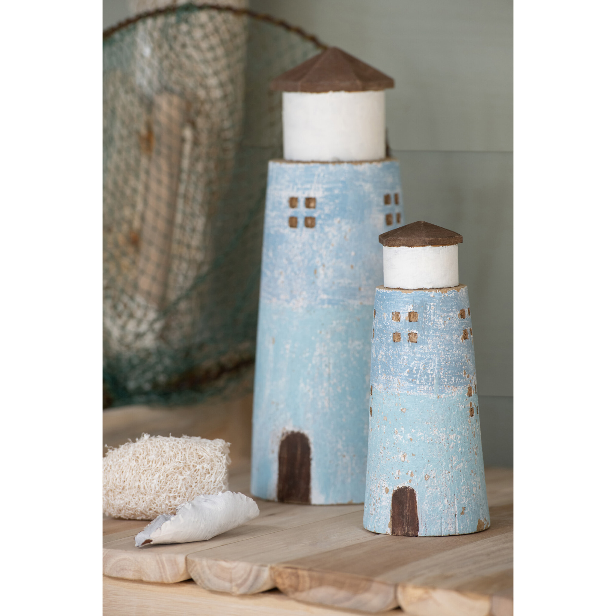 J-Line Phare décoratif - bois - naturel/bleu clair - large