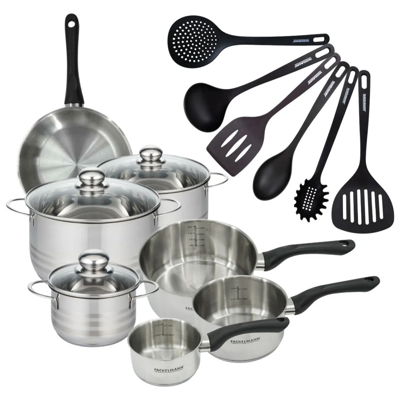 Set 1 poêle,  3 casseroles 12 16 20 cm, 3 faitouts 16, 20 et 24 cm en inox et 6 ustensiles RPET Fackelmann Geneva