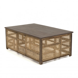 ISA - Table basse en bois de manguier foncé, patchwork cannage naturel