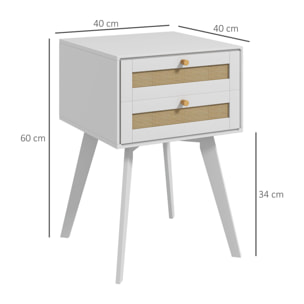 Conjunto de 2 Mesitas de Noche Mesillas de Noche Estilo Cannage con 2 Cajones y Elemento de Ratán Mesitas Auxiliares Pequeñas para Dormitorio Salón 40x40x60 cm Blanco
