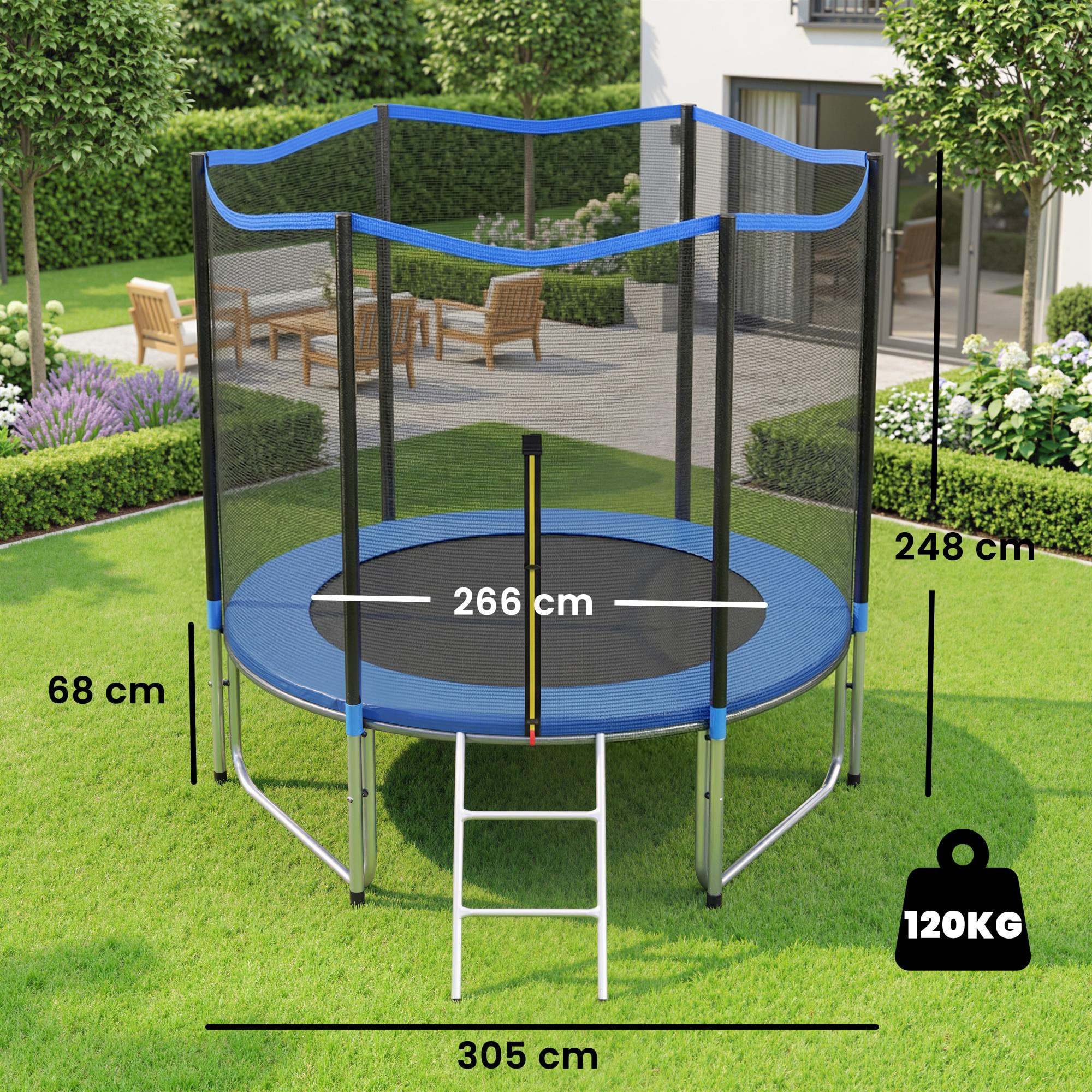Cama Elástica para Niños Exterior Ø305 cm, Trampolín para Niños de +6 Años con Red de Seguridad, Escalera, Acolchado de Muelles y Marco de Acero Galvanizado, Carga 120 kg