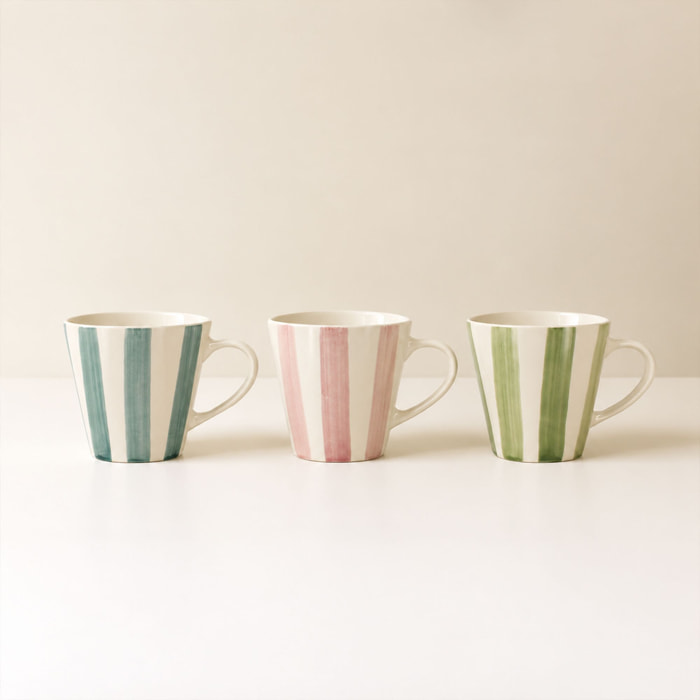 Lot de 6 tasses 20cl en grès blanc et rayures colorées ARLEQUIN
