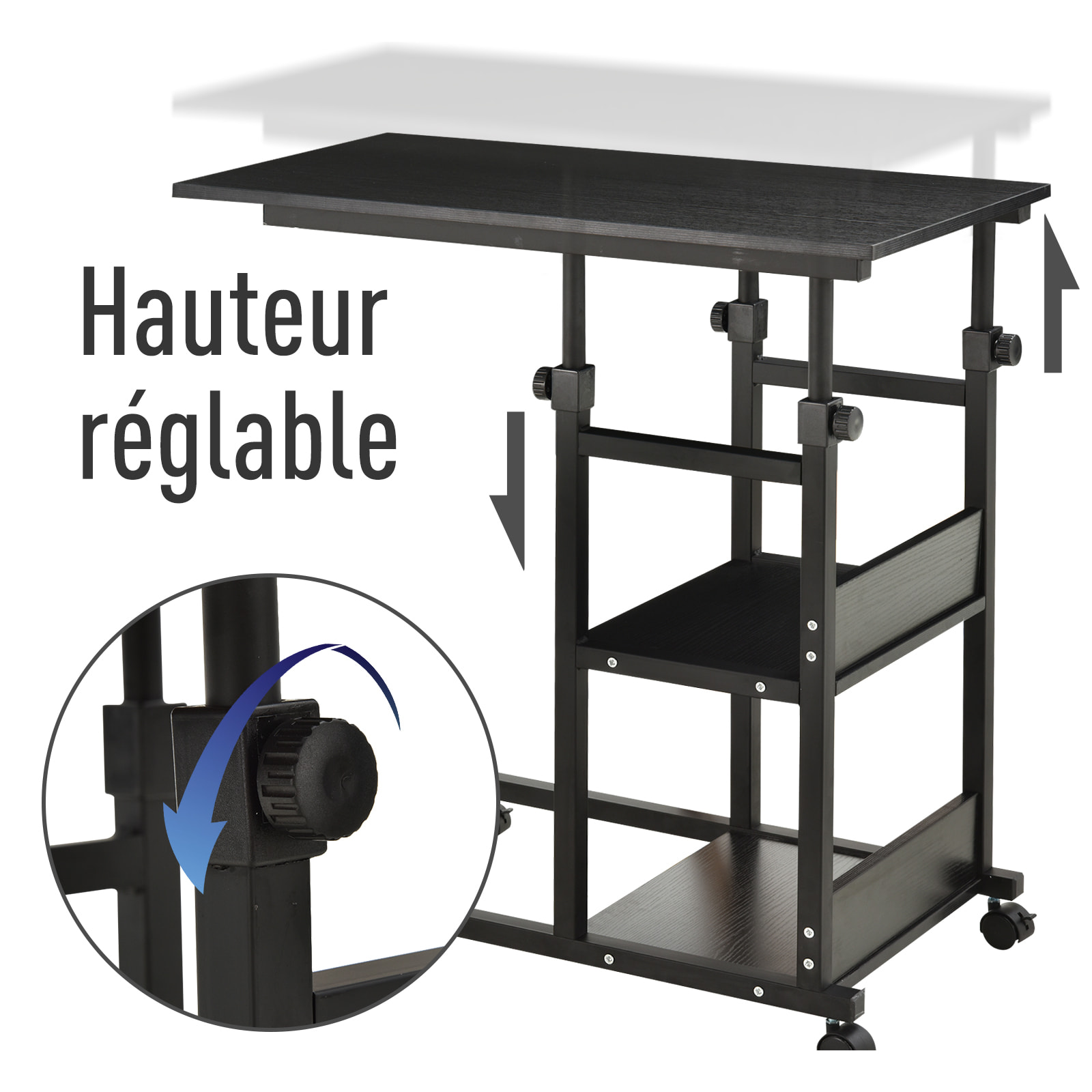 Table de lit/fauteuil - table roulante - hauteur réglable - 2 étagères intégrées - panneaux particules E1 métal noir