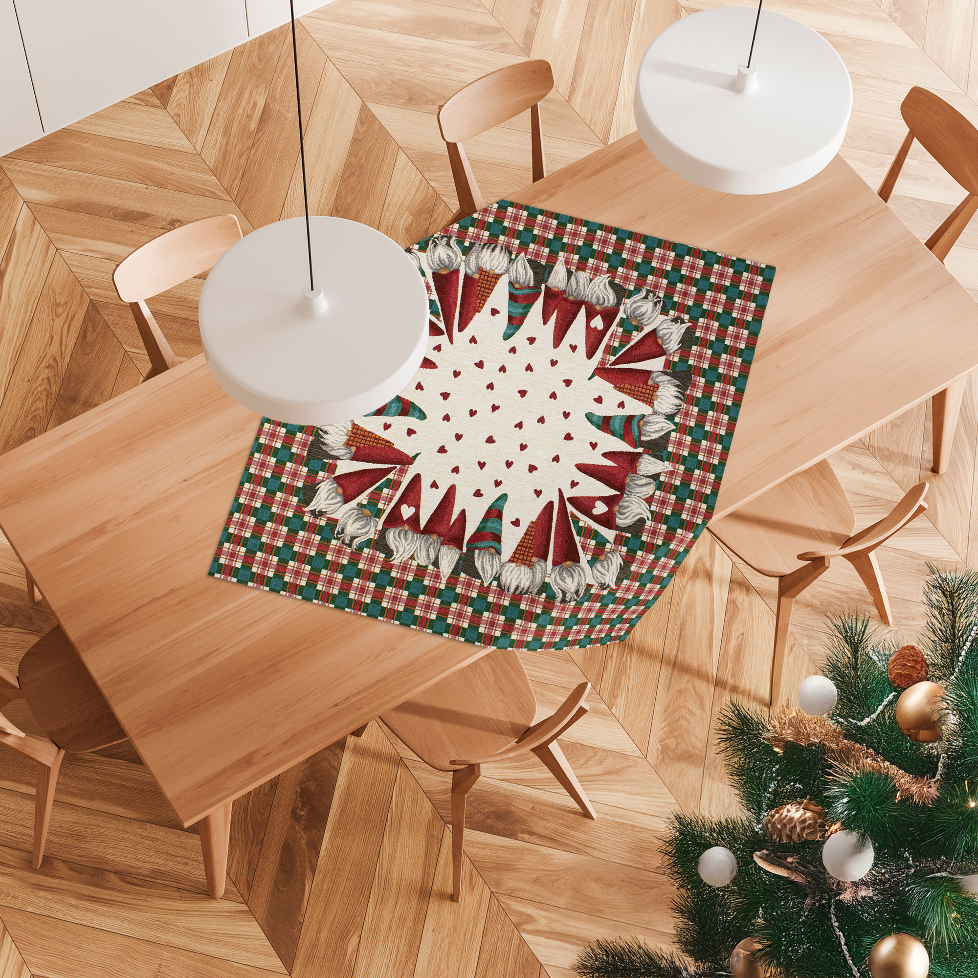 CENTROTAVOLA NATALIZIO JACQUARD GNOMI SCOTTISH FAMILY VERDE