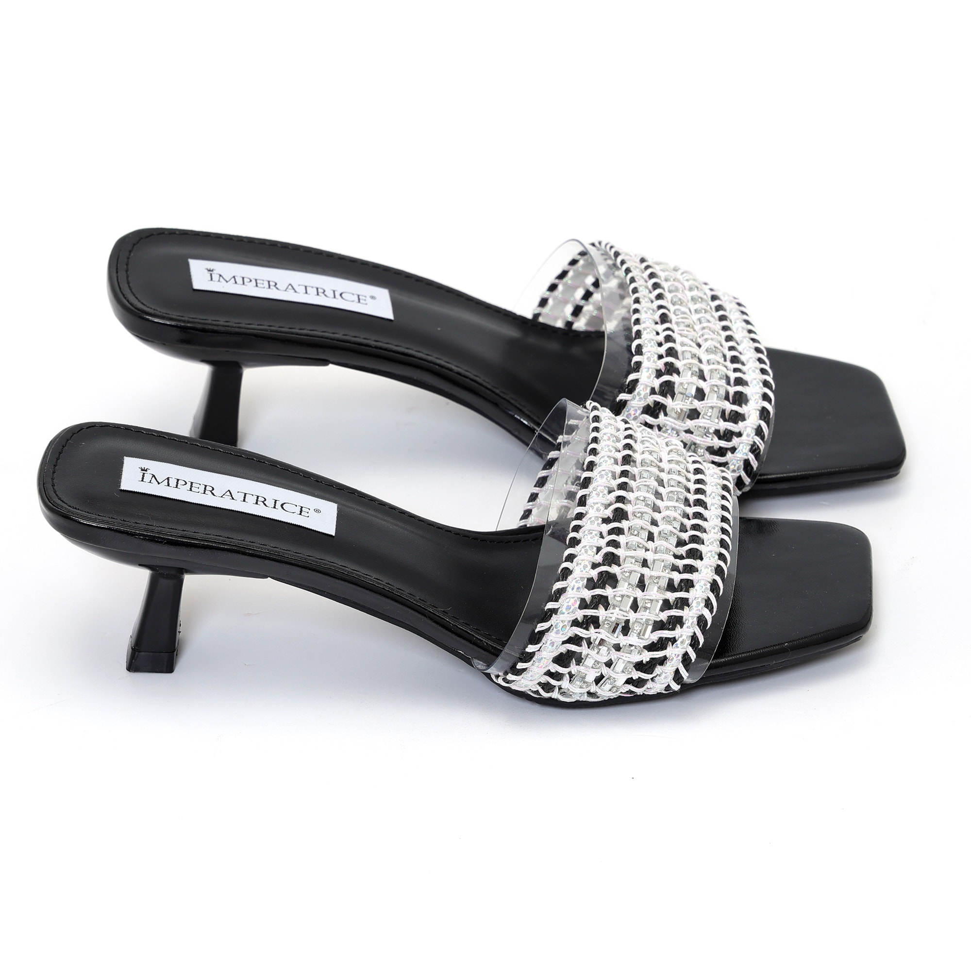 Sandali con tacco basso a rocchetto e fascia con ricamo e pietre