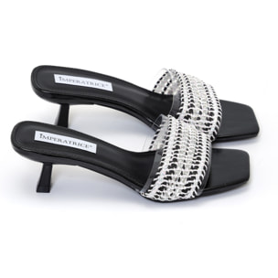 Sandali con tacco basso a rocchetto e fascia con ricamo e pietre