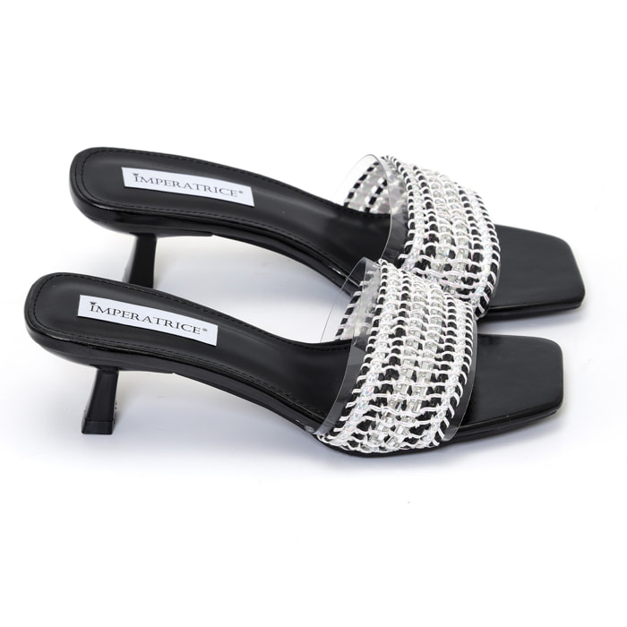 Sandali con tacco basso a rocchetto e fascia con ricamo e pietre