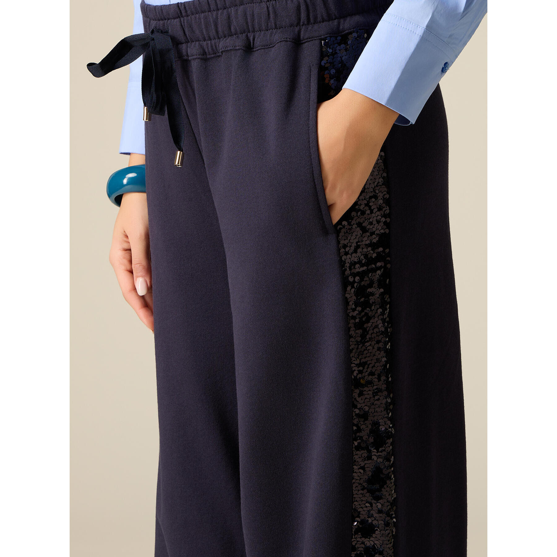 Oltre - Pantalones palazzo de felpa con lentejuelas - Azul