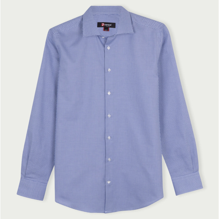 Camicia Uomo 1 Bottone Francese Slim Cotone Quadro Piccolo Blu\Bianco
