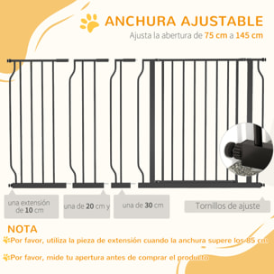Barrera de Seguridad para Perros Extensible 75-145 cm para Puertas y Escaleras Puerta de Seguridad para Mascotas con Extensiones Montaje a Presión y Doble Bloqueo Negro
