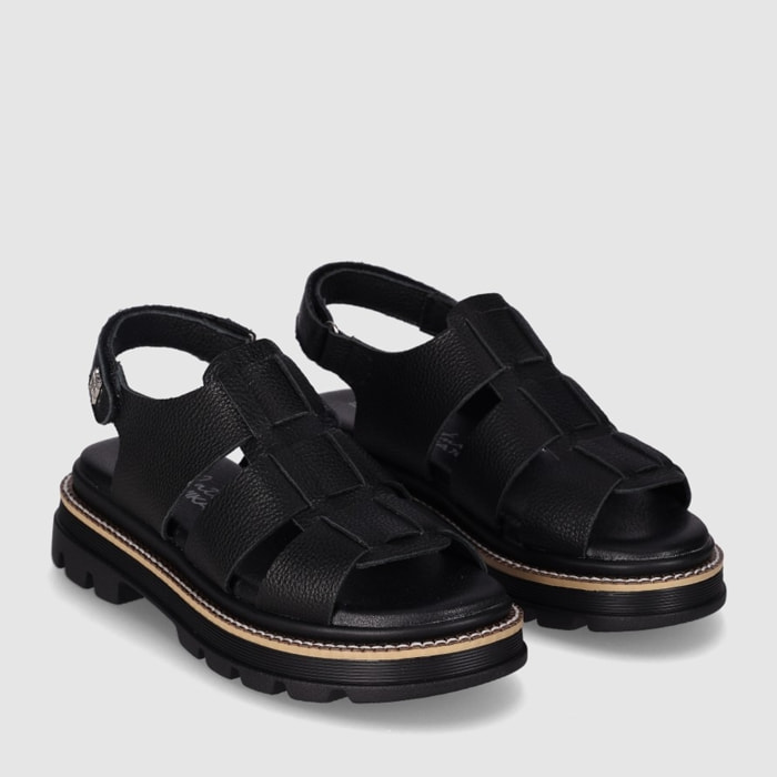 Sandalias de Piel - Negro - Tacón: Bajo
