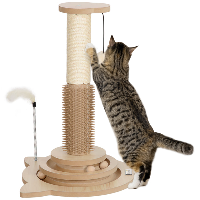 Poste Rascador para Gatos 49 cm Arañador para Gatos con Poste de Sisal Cepillo Carril Giratorio con Bolas de Juego Pluma Elástica y Bola de Juguete Roble